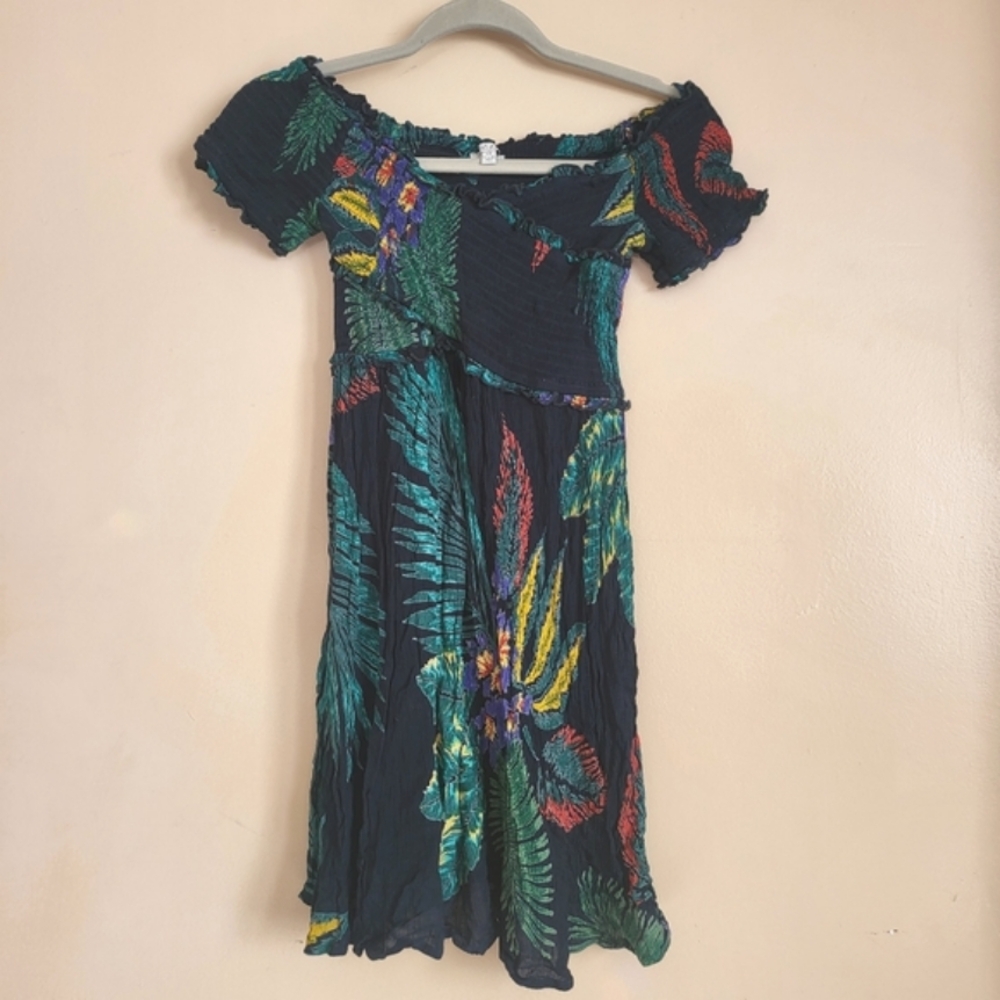 Tropical Mini Dress Smocked Off Shoulder Babydoll Size X-Small Patrons of Peace